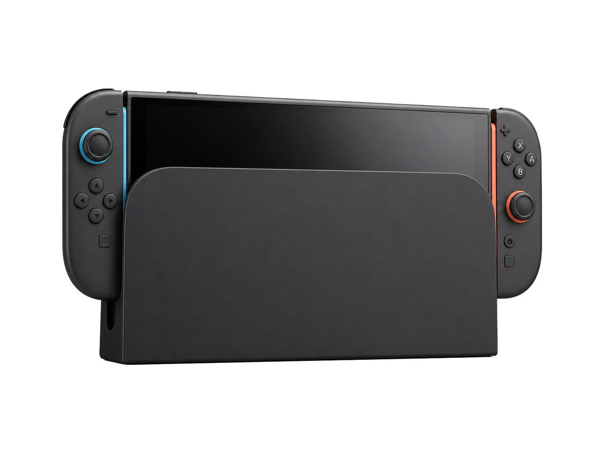 Nintendo Switch 2 console with its dark rounded dock